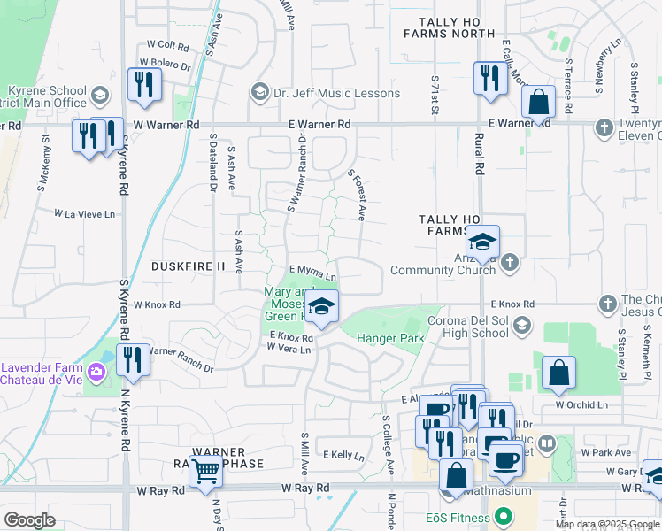 map of restaurants, bars, coffee shops, grocery stores, and more near 160 East Knox Road in Tempe