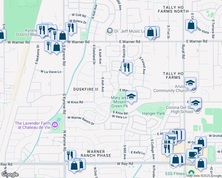 map of restaurants, bars, coffee shops, grocery stores, and more near 131 West Myrna Lane in Tempe