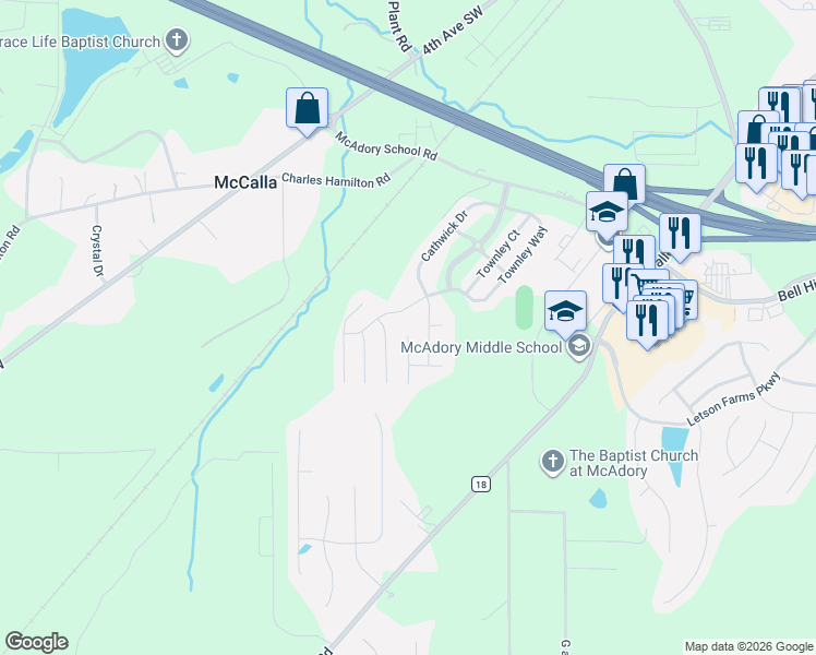 map of restaurants, bars, coffee shops, grocery stores, and more near 6251 Cathwick Drive in McCalla