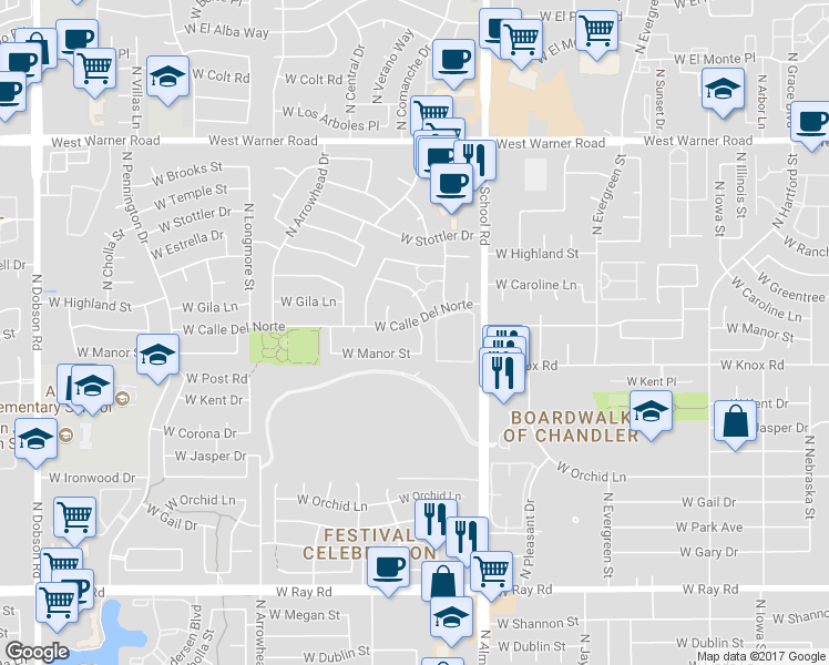 map of restaurants, bars, coffee shops, grocery stores, and more near 1208 West Manor Street in Chandler
