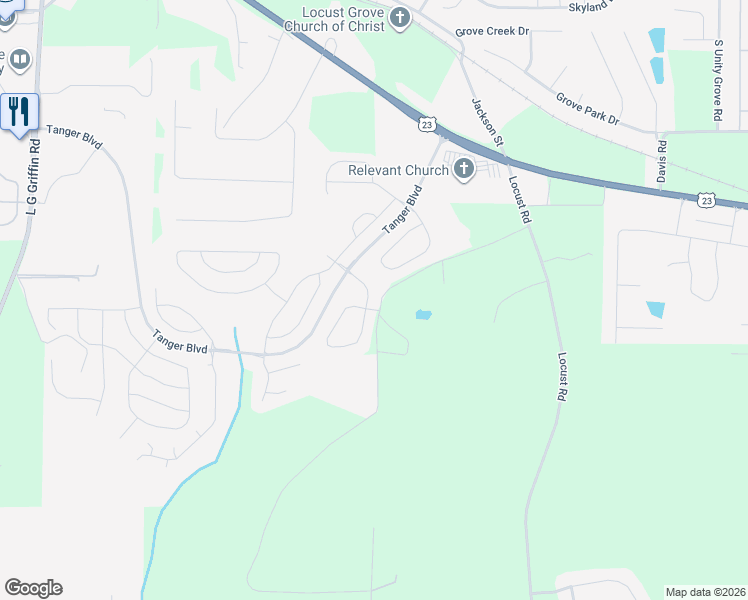 map of restaurants, bars, coffee shops, grocery stores, and more near 118 Al Jennah Boulevard in Locust Grove