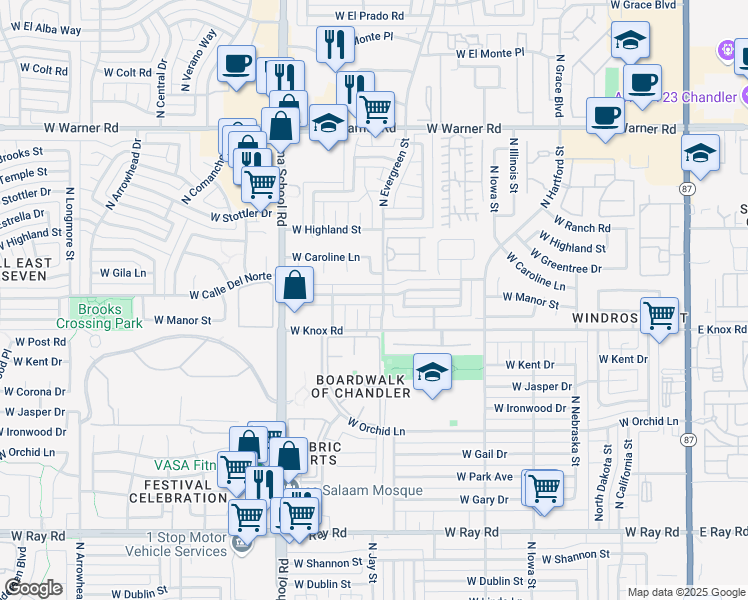 map of restaurants, bars, coffee shops, grocery stores, and more near 1414 North Evergreen Street in Chandler