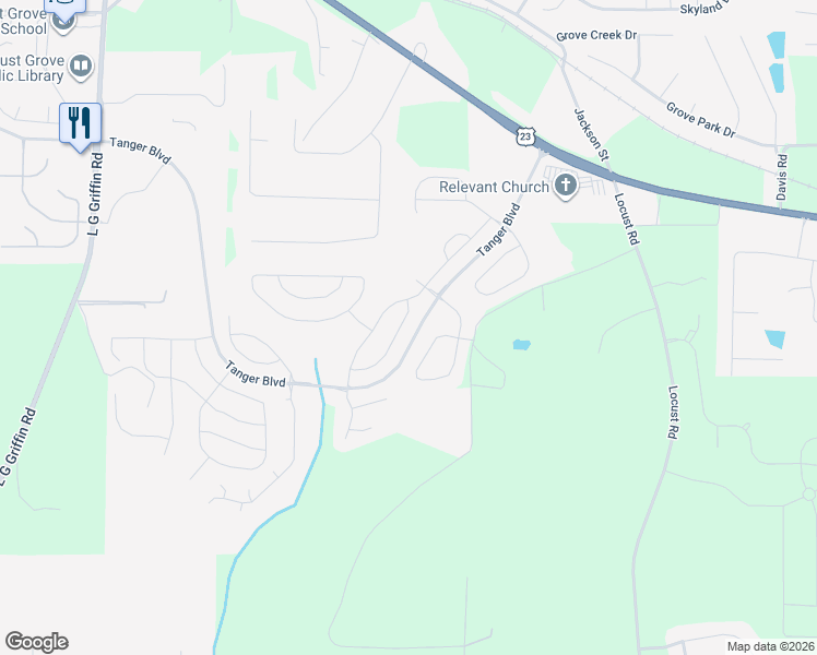 map of restaurants, bars, coffee shops, grocery stores, and more near 182 Al Jennah Boulevard in Locust Grove