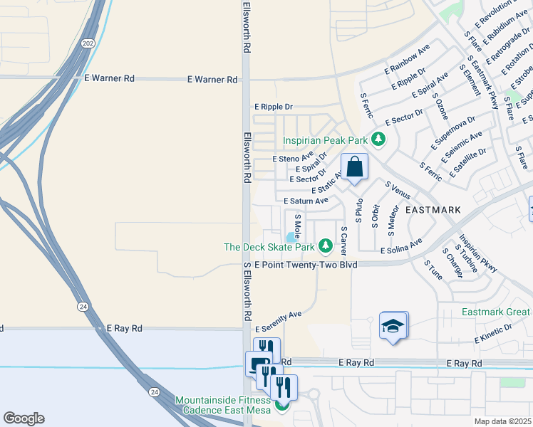 map of restaurants, bars, coffee shops, grocery stores, and more near 13185 South Ellsworth Road in Mesa