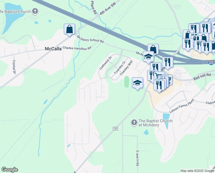 map of restaurants, bars, coffee shops, grocery stores, and more near 6350 Cathwick Drive in McCalla