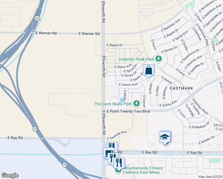 map of restaurants, bars, coffee shops, grocery stores, and more near 9240 East Point Twenty-Two Boulevard in Mesa
