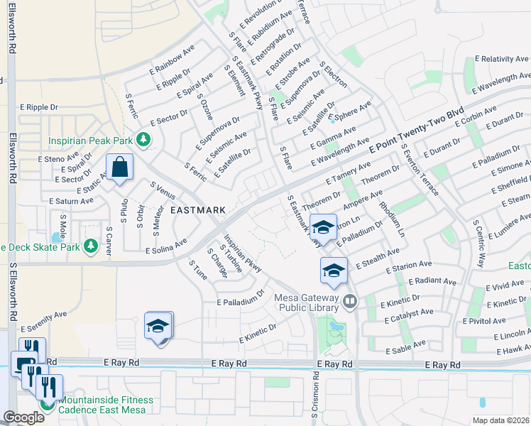 map of restaurants, bars, coffee shops, grocery stores, and more near South Eastmark Parkway in Mesa
