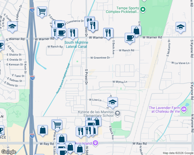 map of restaurants, bars, coffee shops, grocery stores, and more near 9308 South Margo Drive in Tempe