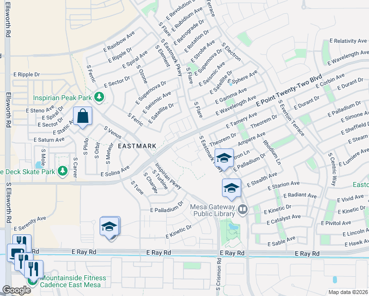 map of restaurants, bars, coffee shops, grocery stores, and more near South Eastmark Parkway in Mesa