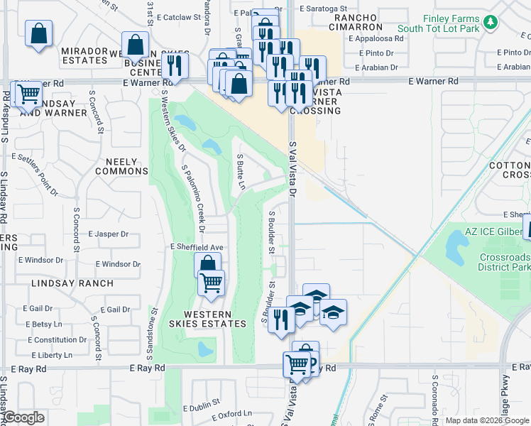 map of restaurants, bars, coffee shops, grocery stores, and more near 1190 South Boulder Street in Gilbert