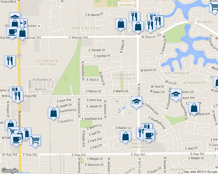 map of restaurants, bars, coffee shops, grocery stores, and more near 829 East Manor Drive in Chandler