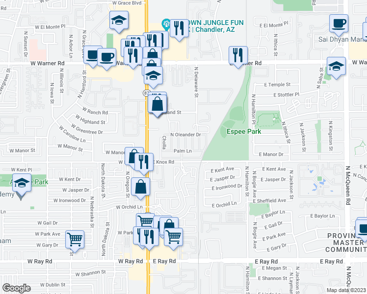 map of restaurants, bars, coffee shops, grocery stores, and more near 200 East Knox Road in Chandler