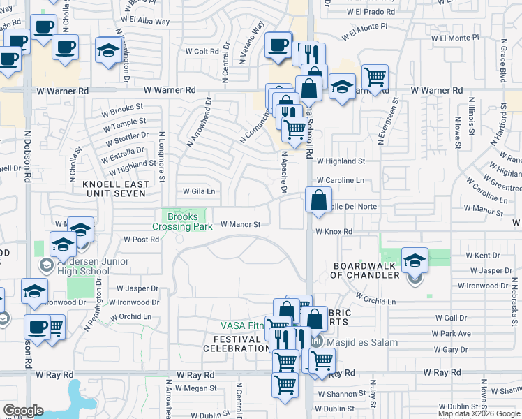 map of restaurants, bars, coffee shops, grocery stores, and more near 1208 West Manor Street in Chandler