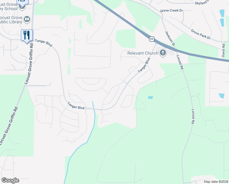 map of restaurants, bars, coffee shops, grocery stores, and more near 1143 Werre Way in Locust Grove