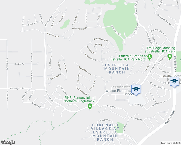 map of restaurants, bars, coffee shops, grocery stores, and more near 18144 West East Wind Avenue in Goodyear