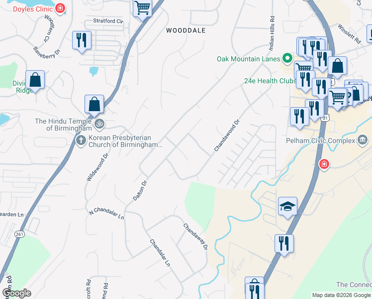 map of restaurants, bars, coffee shops, grocery stores, and more near 2521 Chandabrook Circle in Pelham