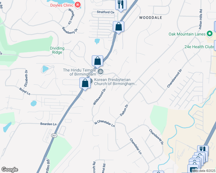 map of restaurants, bars, coffee shops, grocery stores, and more near 3453 Wildewood Drive in Pelham
