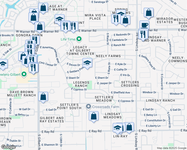 map of restaurants, bars, coffee shops, grocery stores, and more near 483 East Sherri Drive in Gilbert