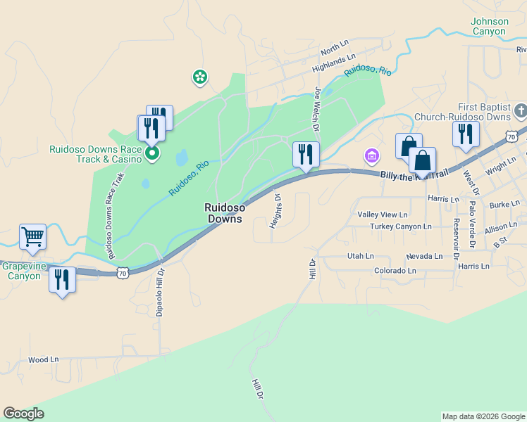 map of restaurants, bars, coffee shops, grocery stores, and more near 101-199 Heights Drive in Ruidoso Downs
