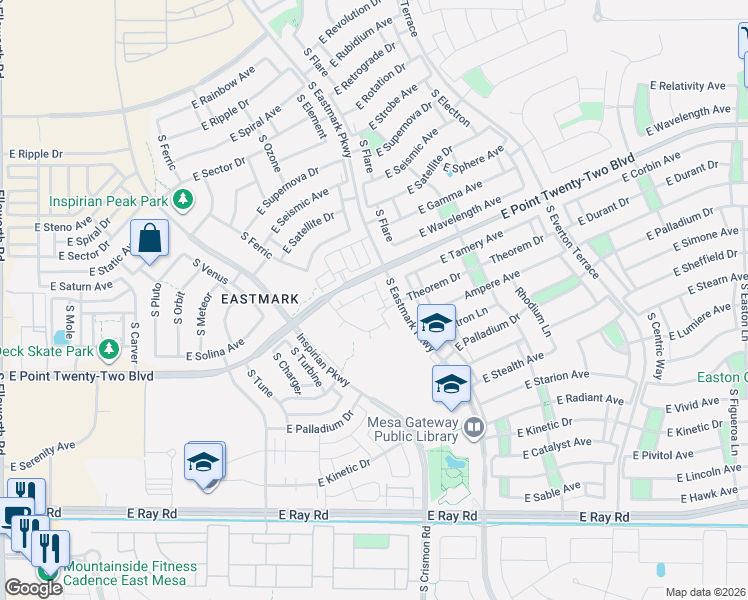 map of restaurants, bars, coffee shops, grocery stores, and more near South Eastmark Parkway in Mesa