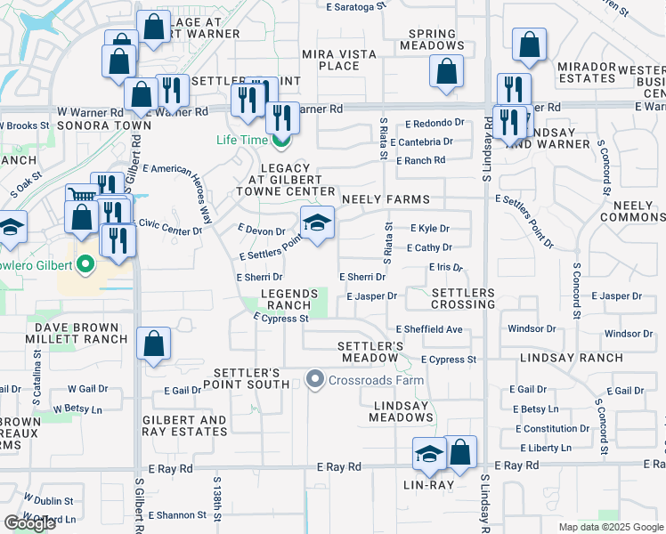 map of restaurants, bars, coffee shops, grocery stores, and more near 483 East Sherri Drive in Gilbert
