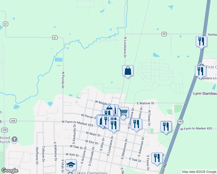 map of restaurants, bars, coffee shops, grocery stores, and more near 602 North Ohio Street in Celina