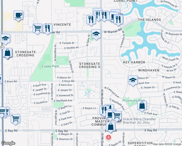 map of restaurants, bars, coffee shops, grocery stores, and more near 921 East Manor Drive in Chandler