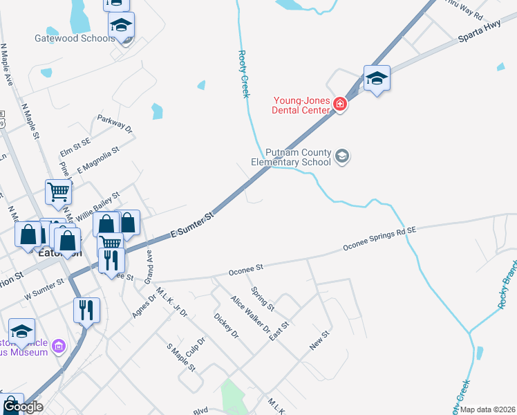 map of restaurants, bars, coffee shops, grocery stores, and more near 155 Hillside Drive in Eatonton