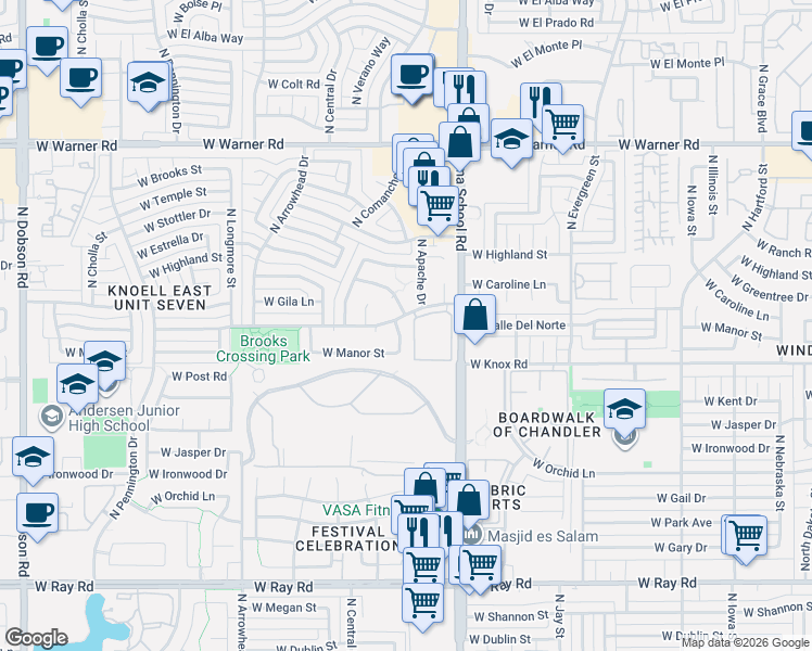 map of restaurants, bars, coffee shops, grocery stores, and more near 1513 North Apache Drive in Chandler