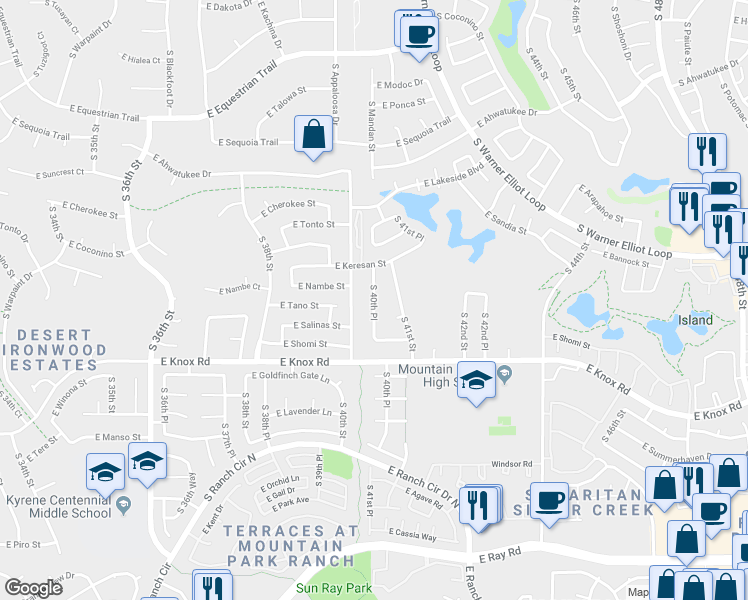 map of restaurants, bars, coffee shops, grocery stores, and more near 12837 South 40th Place in Phoenix