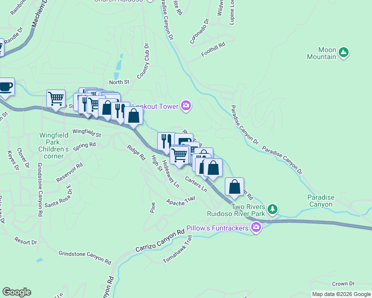 map of restaurants, bars, coffee shops, grocery stores, and more near 1830 Sudderth Drive in Ruidoso