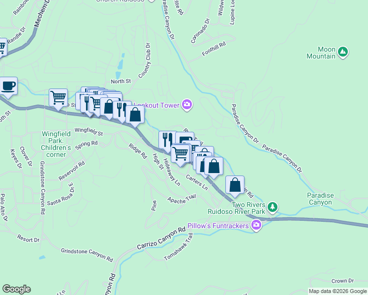 map of restaurants, bars, coffee shops, grocery stores, and more near 1830 Sudderth Drive in Ruidoso