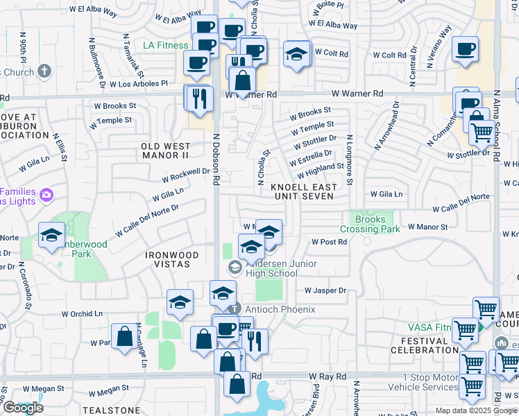 map of restaurants, bars, coffee shops, grocery stores, and more near 1920 West Manor Street in Chandler
