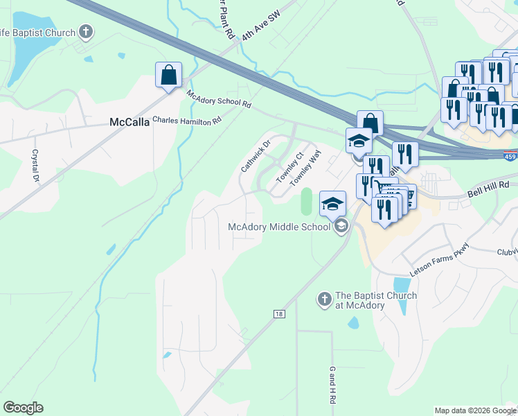 map of restaurants, bars, coffee shops, grocery stores, and more near 6355 Cathwick Circle in McCalla