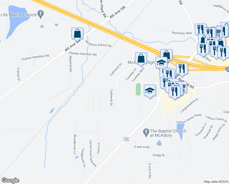 map of restaurants, bars, coffee shops, grocery stores, and more near 6363 Cathwick Circle in McCalla