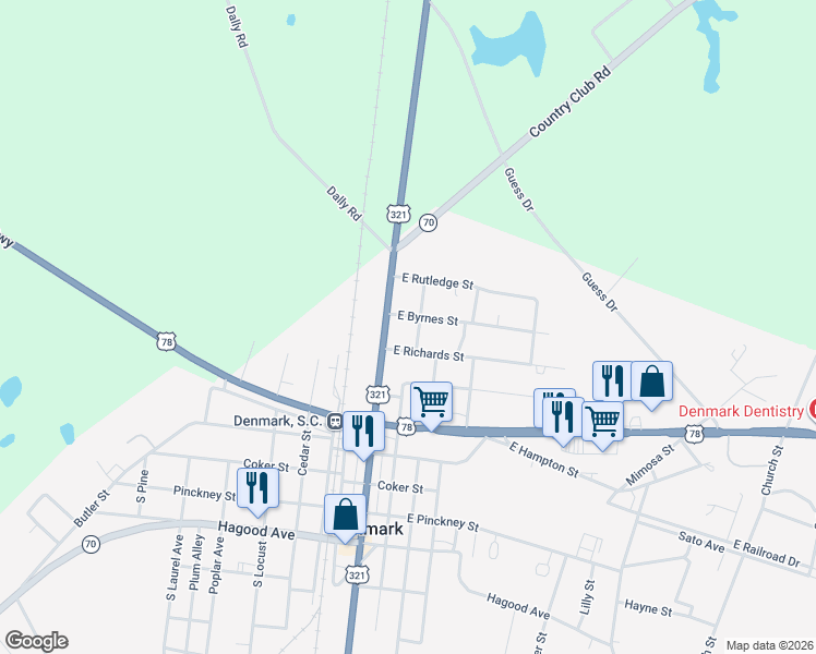 map of restaurants, bars, coffee shops, grocery stores, and more near 4423 Carolina Highway in Denmark