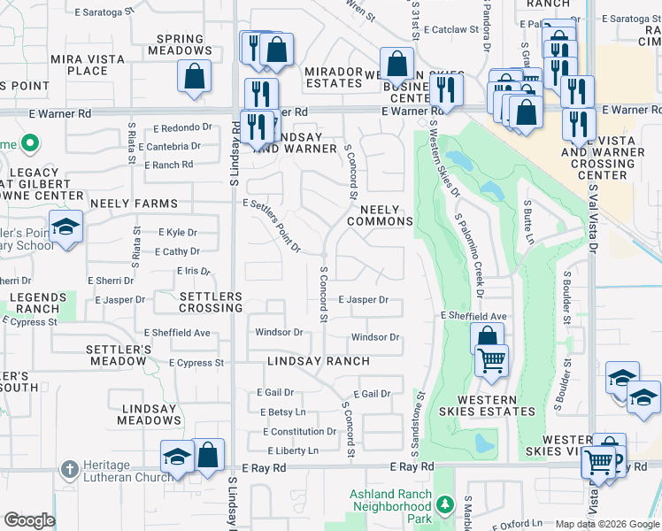 map of restaurants, bars, coffee shops, grocery stores, and more near 1030 East Cathy Drive in Gilbert