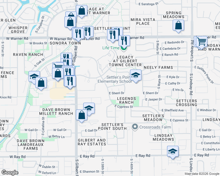 map of restaurants, bars, coffee shops, grocery stores, and more near 1099 South Cottonwood Court in Gilbert