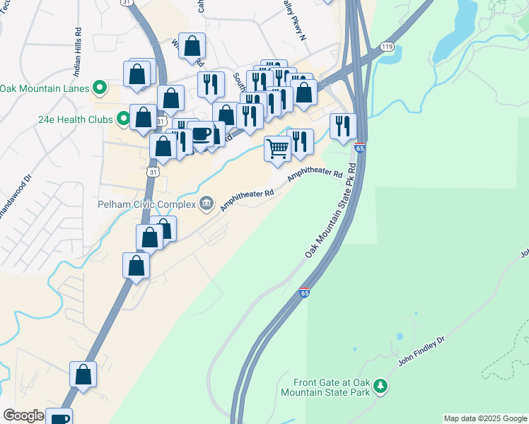 map of restaurants, bars, coffee shops, grocery stores, and more near 275 Amphitheater Road in Pelham