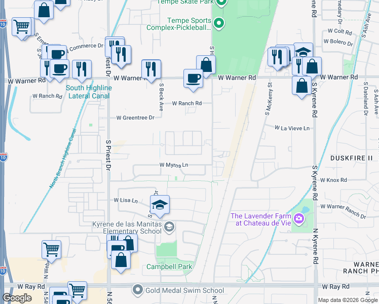 map of restaurants, bars, coffee shops, grocery stores, and more near 1080 West Dawn Drive in Tempe