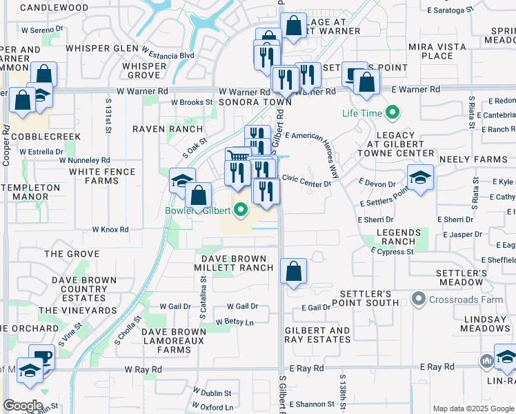 map of restaurants, bars, coffee shops, grocery stores, and more near West Gilbert Town Square Avenue in Gilbert