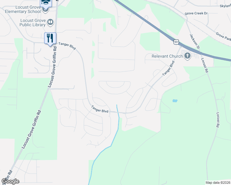 map of restaurants, bars, coffee shops, grocery stores, and more near 2018 Theberton Trail in Locust Grove