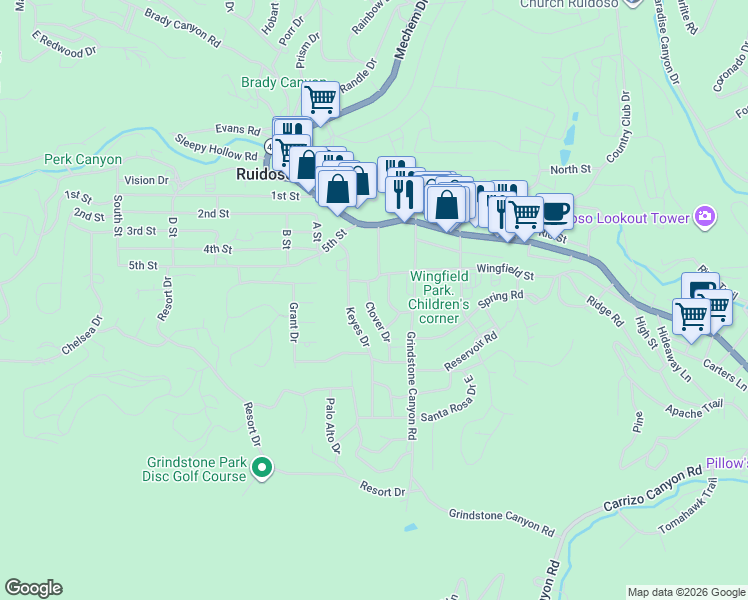 map of restaurants, bars, coffee shops, grocery stores, and more near 700-758 Wingfield Street in Ruidoso