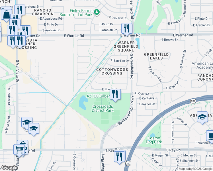 map of restaurants, bars, coffee shops, grocery stores, and more near 2207 East Devon Court in Gilbert
