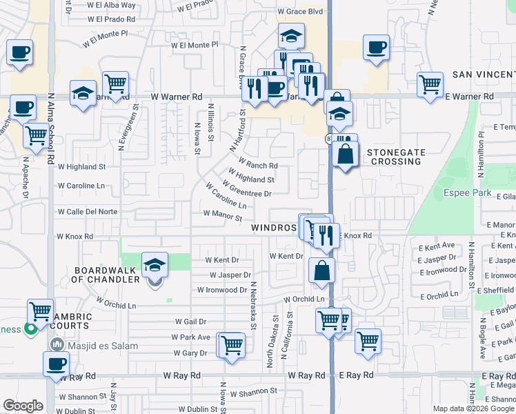 map of restaurants, bars, coffee shops, grocery stores, and more near 1611 North Nebraska Street in Chandler