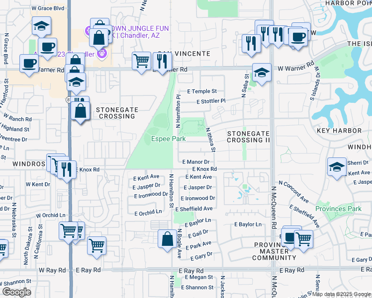 map of restaurants, bars, coffee shops, grocery stores, and more near 650 East Gila Lane in Chandler