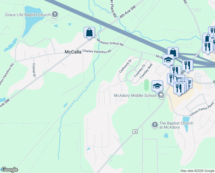 map of restaurants, bars, coffee shops, grocery stores, and more near 5800 Cathwick Way in McCalla