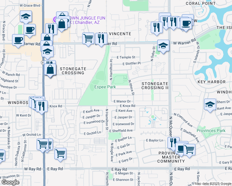 map of restaurants, bars, coffee shops, grocery stores, and more near 650 East Gila Lane in Chandler