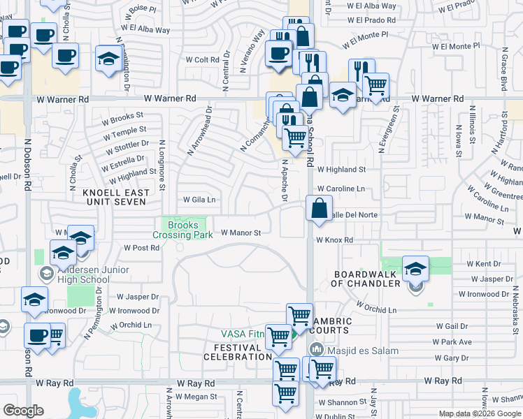 map of restaurants, bars, coffee shops, grocery stores, and more near 1617 North Calle Circle in Chandler