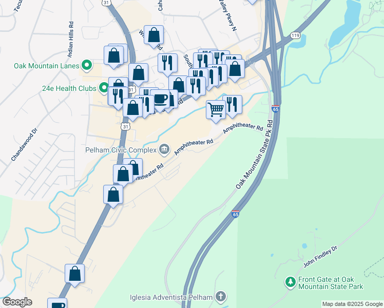map of restaurants, bars, coffee shops, grocery stores, and more near 2050 Oak Mountain Drive in Pelham